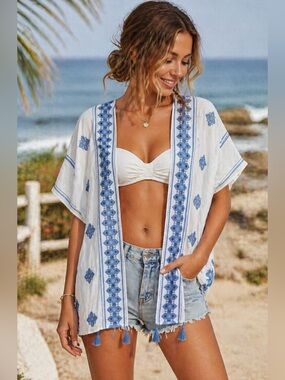 Daily Thread White Blue Embroidered Tassels Open-Front Kimono Cover-Up L/XL.